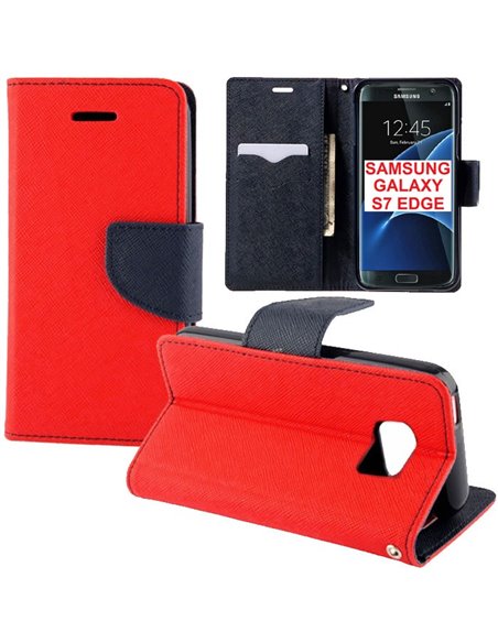 CUSTODIA FLIP ORIZZONTALE per SAMSUNG SM-G935 GALAXY S7 EDGE CON STAND, INTERNO IN TPU E TASCHE PORTA CARTE COLORE ROSSO