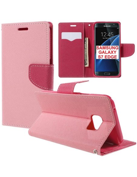 CUSTODIA FLIP ORIZZONTALE per SAMSUNG SM-G935 GALAXY S7 EDGE CON STAND, INTERNO IN TPU E TASCHE PORTA CARTE COLORE ROSA