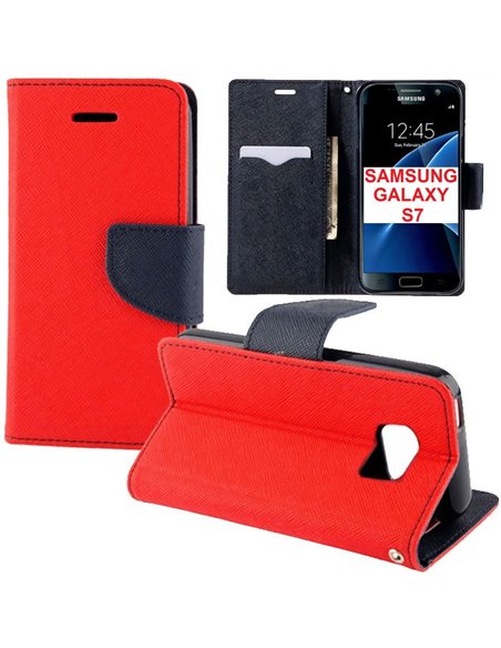 CUSTODIA FLIP ORIZZONTALE per SAMSUNG SM-G930 GALAXY S7 CON STAND, INTERNO IN TPU SILICONE E TASCHE PORTA CARTE COLORE ROSSO