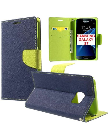 CUSTODIA FLIP ORIZZONTALE per SAMSUNG SM-G930 GALAXY S7 CON STAND, INTERNO IN TPU SILICONE E TASCHE PORTA CARTE COLORE BLU