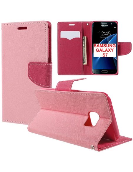 CUSTODIA FLIP ORIZZONTALE per SAMSUNG SM-G930 GALAXY S7 CON STAND, INTERNO IN TPU SILICONE E TASCHE PORTA CARTE COLORE ROSA