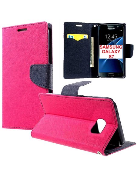 CUSTODIA FLIP ORIZZONTALE per SAMSUNG SM-G930 GALAXY S7 CON STAND, INTERNO IN TPU E TASCHE PORTA CARTE COLORE FUCSIA