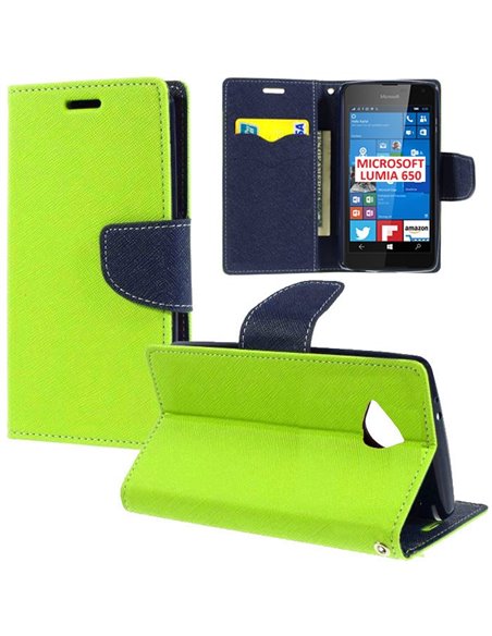 CUSTODIA FLIP ORIZZONTALE per MICROSOFT LUMIA 650 CON INTERNO IN TPU, STAND E TASCHE PORTA CARTE COLORE VERDE