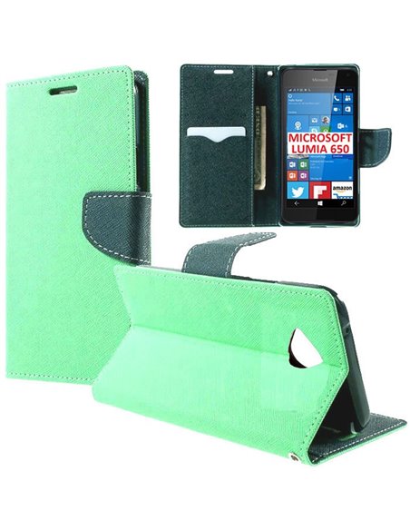 CUSTODIA FLIP ORIZZONTALE per MICROSOFT LUMIA 650 CON INTERNO IN TPU, STAND E PORTA CARTE COLORE VERDE ACQUA