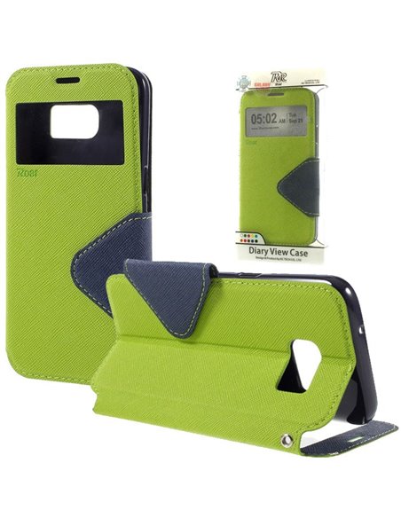 CUSTODIA FLIP ORIZZONTALE SLIM per SAMSUNG SM-G930 GALAXY S7 CON STAND, INTERNO IN TPU E FINESTRA ID COLORE VERDE ALTA QUALITA' 