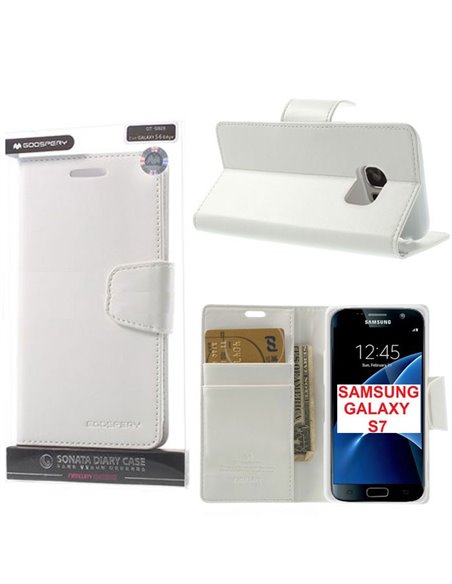 CUSTODIA FLIP ORIZZONTALE PELLE per SAMSUNG SM-G930 GALAXY S7 CON INTERNO IN TPU E STAND COLORE BIANCO SONATA MERCURY BLISTER