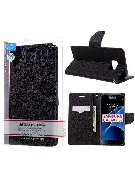 CUSTODIA FLIP ORIZZONTALE per SAMSUNG SM-G930 GALAXY S7 CON STAND E INTERNO IN TPU SILICONE COLORE NERO FANCY MERCURY