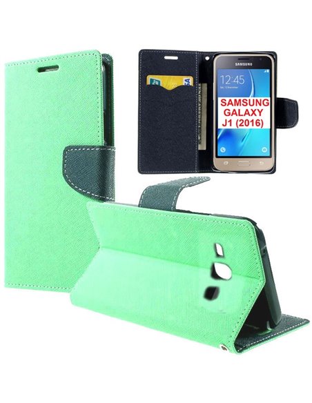 CUSTODIA FLIP ORIZZONTALE per SAMSUNG SM-J120 GALAXY J1 (2016) CON INTERNO IN TPU, STAND E PORTA CARTE COLORE VERDE ACQUA