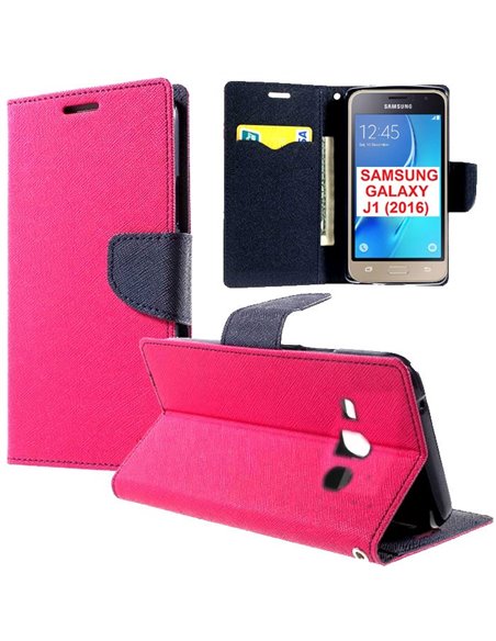 CUSTODIA FLIP ORIZZONTALE per SAMSUNG SM-J120 GALAXY J1 (2016) CON INTERNO IN TPU, STAND E PORTA CARTE COLORE FUCSIA