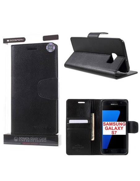 CUSTODIA FLIP ORIZZONTALE PELLE per SAMSUNG SM-G930 GALAXY S7 CON INTERNO IN TPU, STAND E PORTA CARTE COLORE NERO SONATA MERCURY