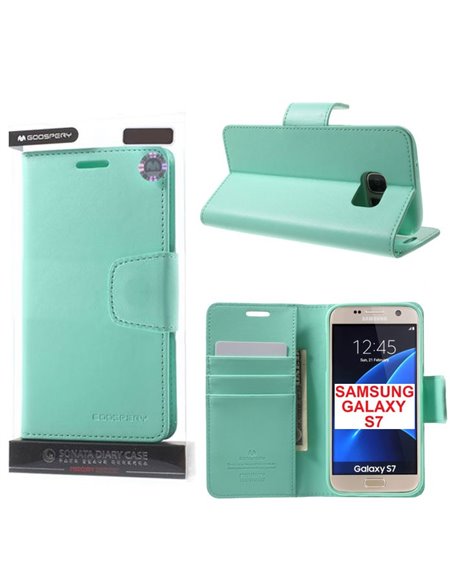 CUSTODIA FLIP ORIZZONTALE PELLE per SAMSUNG SM-G930 GALAXY S7 CON INTERNO IN TPU, STAND E PORTA CARTE VERDE ACQUA SONATA MERCURY