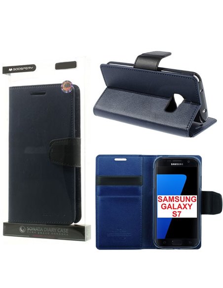 CUSTODIA FLIP ORIZZONTALE PELLE per SAMSUNG SM-G930 GALAXY S7 CON INTERNO IN TPU, STAND E PORTA CARTE COLORE BLU SONATA MERCURY