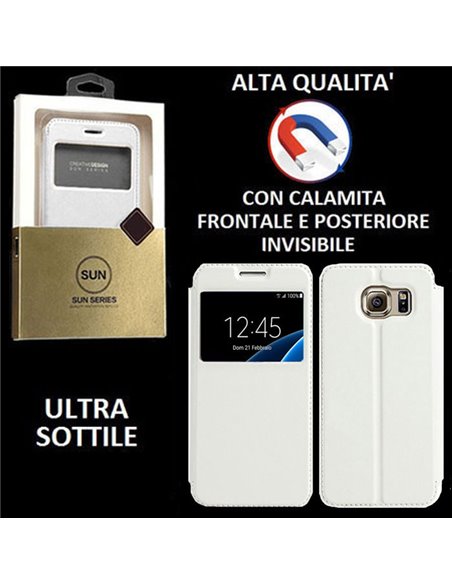 CUSTODIA FLIP ORIZZONTALE PELLE per SAMSUNG SM-G930 GALAXY S7 con CHIUSURA MAGNETICA INVISIBILE ED INTERNO IN TPU COLORE BIANCO