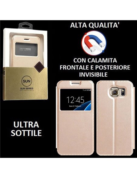 CUSTODIA FLIP ORIZZONTALE PELLE per SAMSUNG SM-G930 GALAXY S7 con CHIUSURA MAGNETICA INVISIBILE ED INTERNO IN TPU COLORE ORO