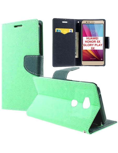 CUSTODIA FLIP ORIZZONTALE per HUAWEI HONOR 5X, GR5 CON INTERNO IN TPU, STAND E PORTA CARTE COLORE VERDE ACQUA