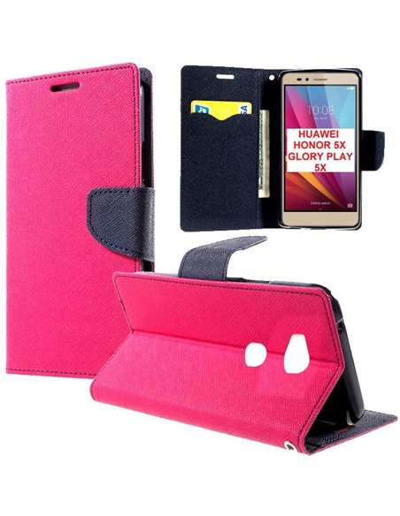 CUSTODIA FLIP ORIZZONTALE per HUAWEI HONOR 5X, GR5 CON INTERNO IN TPU SILICONE, STAND E PORTA CARTE COLORE FUCSIA