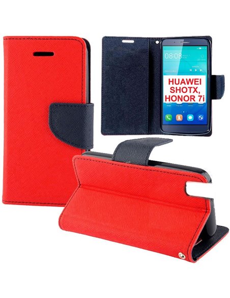 CUSTODIA FLIP ORIZZONTALE per HUAWEI SHOT X, HONOR 7i CON INTERNO IN TPU, STAND, PORTA CARTE E CHIUSURA MAGNETICA COLORE ROSSO