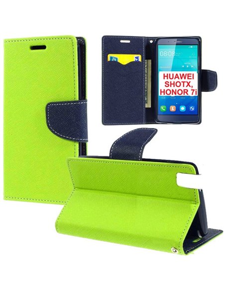 CUSTODIA FLIP ORIZZONTALE per HUAWEI SHOT X, HONOR 7i CON INTERNO IN TPU, STAND, PORTA CARTE E CHIUSURA MAGNETICA COLORE VERDE