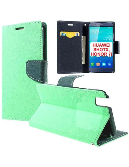 CUSTODIA FLIP ORIZZONTALE per HUAWEI SHOT X, HONOR 7i CON INTERNO IN TPU, STAND, PORTA CARTE E CHIUSURA MAGNETICA VERDE ACQUA