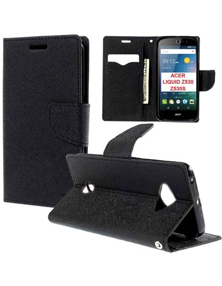 CUSTODIA FLIP ORIZZONTALE per ACER LIQUID Z530, LIQUID Z530S CON INTERNO IN TPU SILICONE, STAND E TASCHE PORTA CARTE COLORE NERO