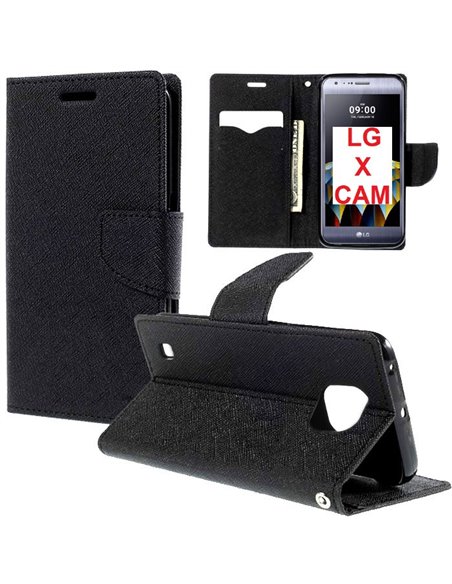 CUSTODIA FLIP ORIZZONTALE per LG X CAM (K580) CON INTERNO IN TPU SILICONE, STAND, PORTA CARTE E CHIUSURA MAGNETICA COLORE NERO