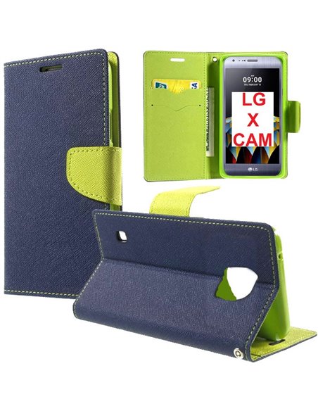 CUSTODIA FLIP ORIZZONTALE per LG X CAM (K580) CON INTERNO IN TPU SILICONE, STAND, PORTA CARTE E CHIUSURA MAGNETICA COLORE BLU