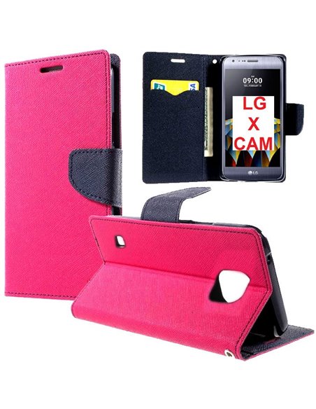 CUSTODIA FLIP ORIZZONTALE per LG X CAM (K580) CON INTERNO IN TPU SILICONE, STAND, PORTA CARTE E CHIUSURA MAGNETICA COLORE FUCSIA