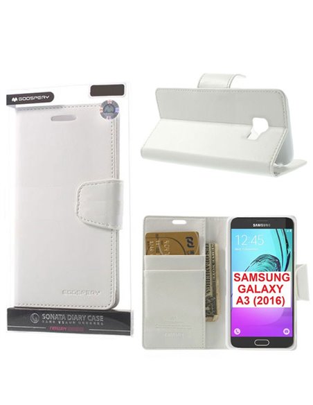 CUSTODIA FLIP ORIZZONTALE PELLE per SAMSUNG SM-A310 GALAXY A3 (2016) CON INTERNO IN TPU, CHIUSURA MAGNETICA E STAND BIANCO MERCU