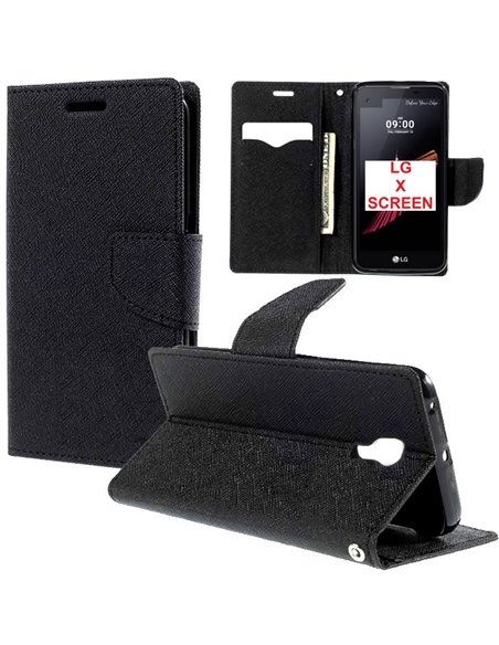 CUSTODIA FLIP ORIZZONTALE per LG X SCREEN CON INTERNO IN TPU SILICONE, STAND, PORTA CARTE E CHIUSURA MAGNETICA COLORE NERO