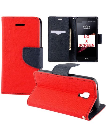 CUSTODIA FLIP ORIZZONTALE per LG X SCREEN CON INTERNO IN TPU SILICONE, STAND, PORTA CARTE E CHIUSURA MAGNETICA COLORE ROSSO