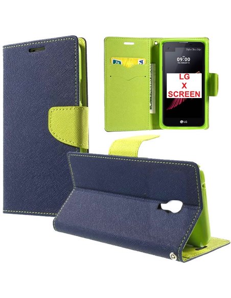 CUSTODIA FLIP ORIZZONTALE per LG X SCREEN CON INTERNO IN TPU SILICONE, STAND, PORTA CARTE E CHIUSURA MAGNETICA COLORE BLU