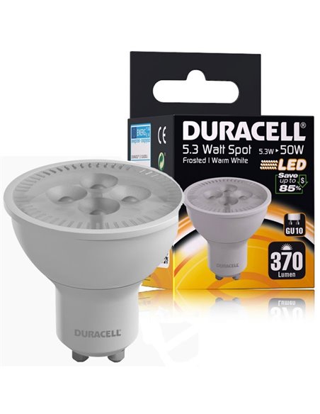 LAMPADINA A LED S13LEDDU ATTACCO GU10, POTENZA 5.3W, 3000Â° K, DURATA 25.000 ORE, 370LM, CLASSE ENERGETICA A+ DURACELL BLISTER