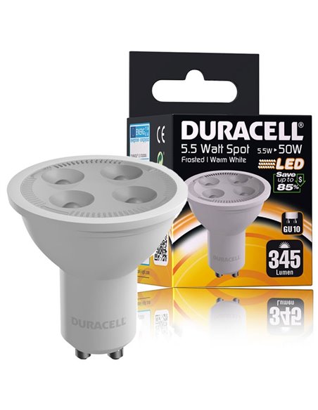 LAMPADINA A LED S72LEDDU ATTACCO GU10, POTENZA 5.5W, 3000Â° K, DURATA 15.000 ORE, 345LM, CLASSE ENERGETICA A+ DURACELL BLISTER