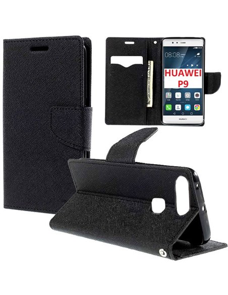 CUSTODIA FLIP ORIZZONTALE per HUAWEI P9 CON INTERNO IN TPU SILICONE, STAND, PORTA CARTE E CHIUSURA MAGNETICA COLORE NERO