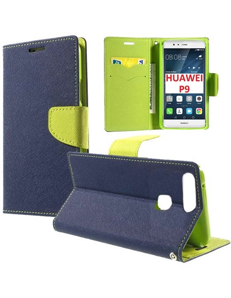 CUSTODIA FLIP ORIZZONTALE per HUAWEI P9 CON INTERNO IN TPU SILICONE, STAND, PORTA CARTE E CHIUSURA MAGNETICA COLORE BLU