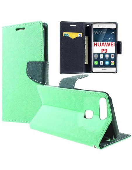 CUSTODIA FLIP ORIZZONTALE per HUAWEI P9 CON INTERNO IN TPU SILICONE, STAND, PORTA CARTE E CHIUSURA MAGNETICA COLORE VERDE ACQUA