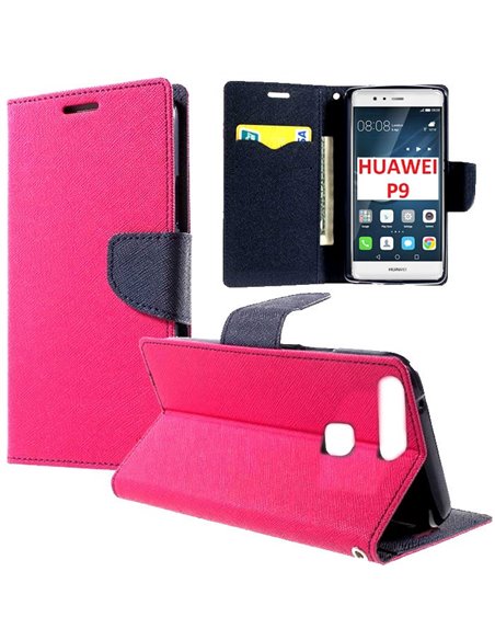 CUSTODIA FLIP ORIZZONTALE per HUAWEI P9 CON INTERNO IN TPU SILICONE, STAND, PORTA CARTE E CHIUSURA MAGNETICA COLORE FUCSIA