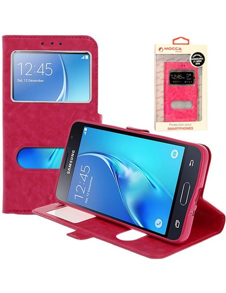 CUSTODIA per SAMSUNG SM-J105 GALAXY J1 MINI - FLIP ORIZZONTALE SIMILPELLE CON INTERNO IN TPU E DOPPIA FINESTRA ID COLORE ROSA