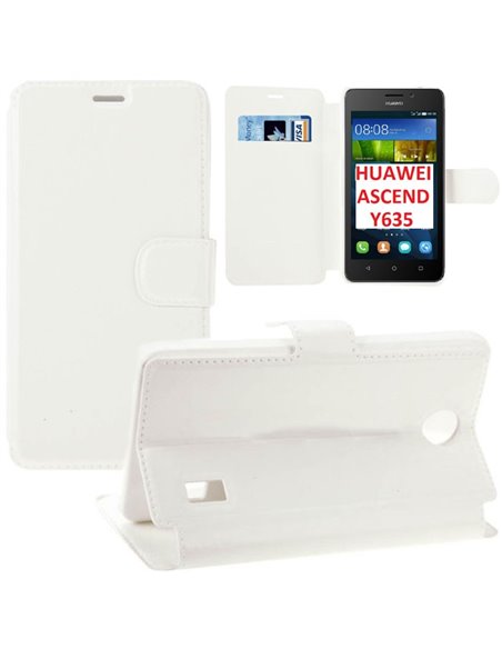 CUSTODIA FLIP ORIZZONTALE SLIM SIMILPELLE per HUAWEI ASCEND Y635 CON STAND, CHIUSURA MAGNETICA E PORTA CARTE COLORE BIANCO