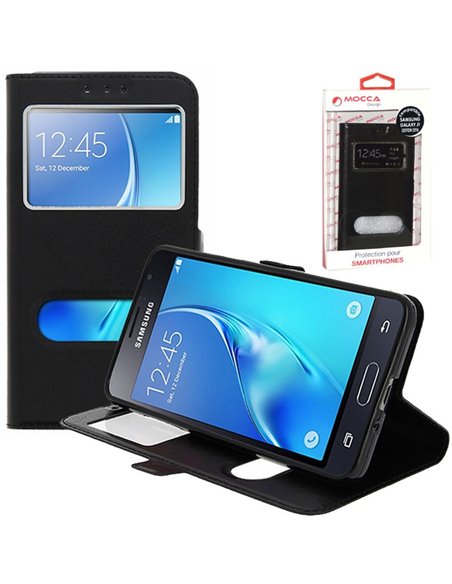 CUSTODIA FLIP ORIZZONTALE PELLE per SAMSUNG SM-J120 GALAXY J1 (2016) CON INTERNO IN TPU E DOPPIA FINESTRA ID NERO ALTA QUALITA' 