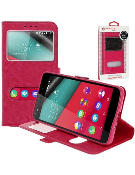 CUSTODIA FLIP ORIZZONTALE PELLE per WIKO TOMMY CON INTERNO IN TPU SILICONE E DOPPIA FINESTRA ID COLORE ROSA ALTA QUALITA' MOCCA