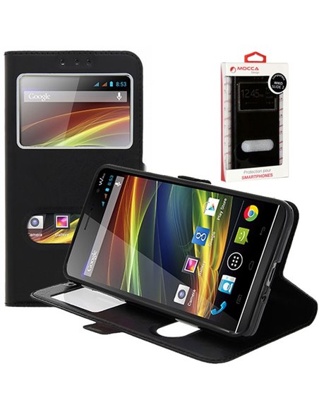 CUSTODIA FLIP ORIZZONTALE PELLE per WIKO SLIDE 2 CON INTERNO IN TPU SILICONE E DOPPIA FINESTRA ID COLORE NERO ALTA QUALITA' MOCC