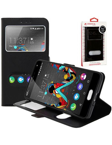 CUSTODIA FLIP ORIZZONTALE PELLE per WIKO U FEEL LITE 4G CON INTERNO IN TPU E DOPPIA FINESTRA ID COLORE NERO ALTA QUALITA' MOCCA
