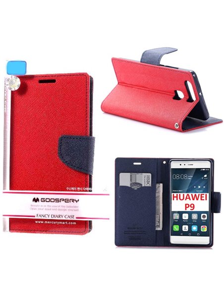 CUSTODIA FLIP ORIZZONTALE per HUAWEI P9 CON STAND, INTERNO IN TPU, PORTA CARTE E CHIUSURA MAGNETICA ROSSO ALTA QUALITA'