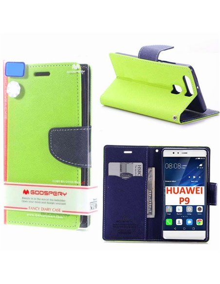 CUSTODIA FLIP ORIZZONTALE per HUAWEI P9 CON STAND, INTERNO IN TPU, PORTA CARTE E CHIUSURA MAGNETICA VERDE ALTA QUALITA'