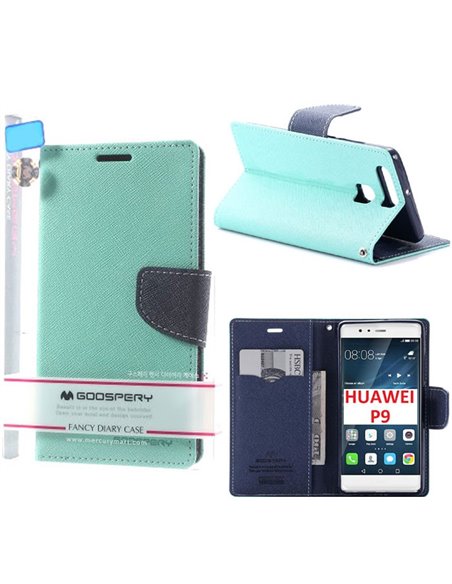 CUSTODIA FLIP ORIZZONTALE per HUAWEI P9 CON STAND, INTERNO IN TPU, CHIUSURA MAGNETICA E PORTA CARTE VERDE ACQUA ALTA QUALITA'