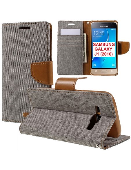 CUSTODIA FLIP ORIZZONTALE per SAMSUNG SM-J120 GALAXY J1 (2016) CON INTERNO IN TPU E STAND COLORE GRIGIO EFFETTO JEANS