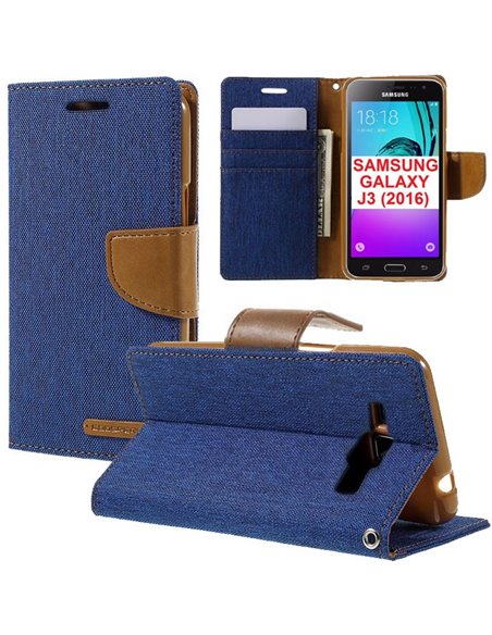 CUSTODIA FLIP ORIZZONTALE per SAMSUNG SM-J120 GALAXY J1 (2016) CON INTERNO IN TPU SILICONE E STAND COLORE BLU EFFETTO JEANS