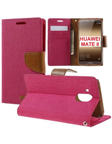 CUSTODIA FLIP ORIZZONTALE per HUAWEI MATE 8 CON INTERNO IN TPU, STAND, PORTA CARTE E CHIUSURA MAGNETICA FUCSIA EFFETTO JEANS