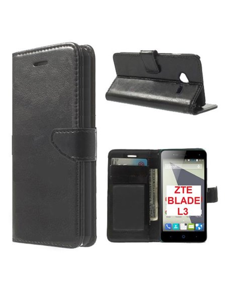 CUSTODIA FLIP ORIZZONTALE SIMILPELLE per ZTE BLADE L3 CON CHIUSURA MAGNETICA, STAND E INTERNO IN TPU SILICONE COLORE  NERO